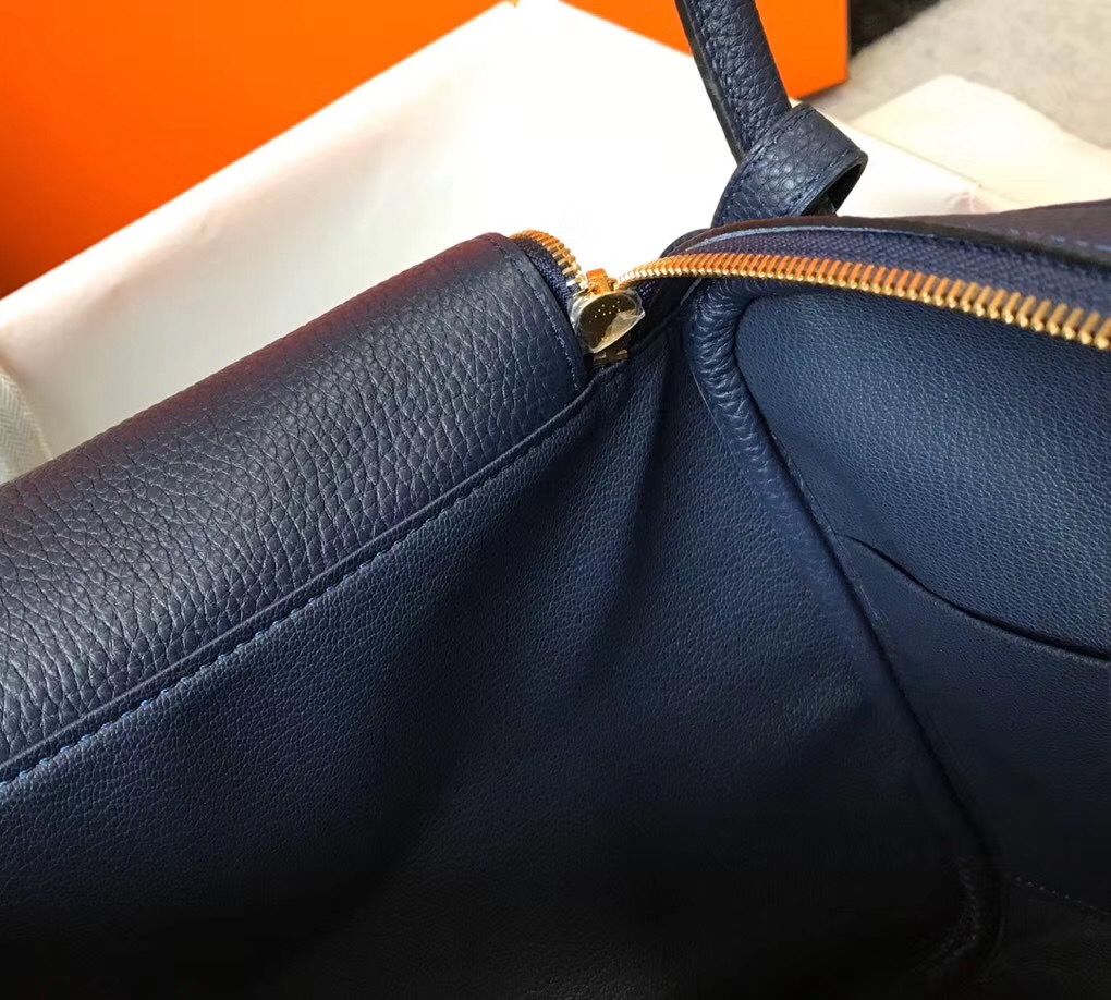 Hermes Lindy 26cm Bag In Navy Blue Clemence Leather GHW - Image 7