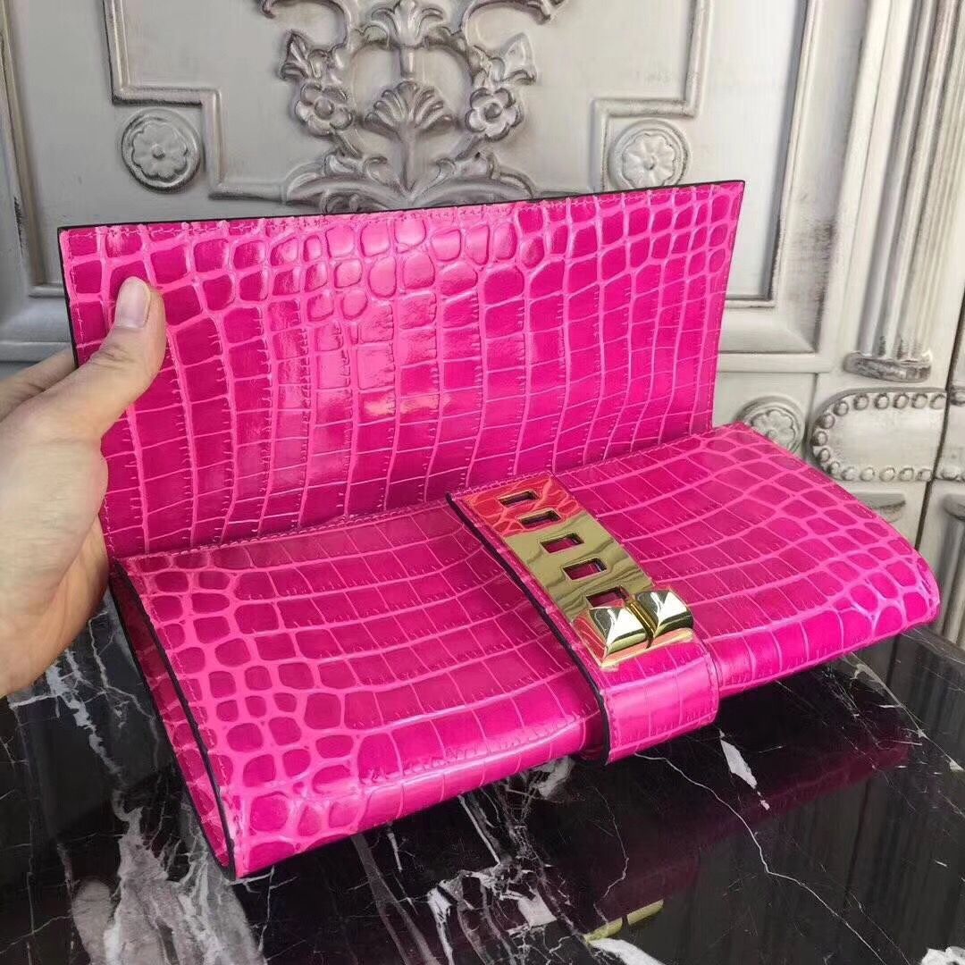 Hermes Medor Clutch Bag In Rose Red Crocodile Leather - Image 7
