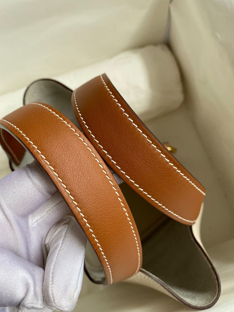 Hermes Picotin Lock 18 Bicolor Handmade Bag in Craie and Gold Clemence Leather - Image 5