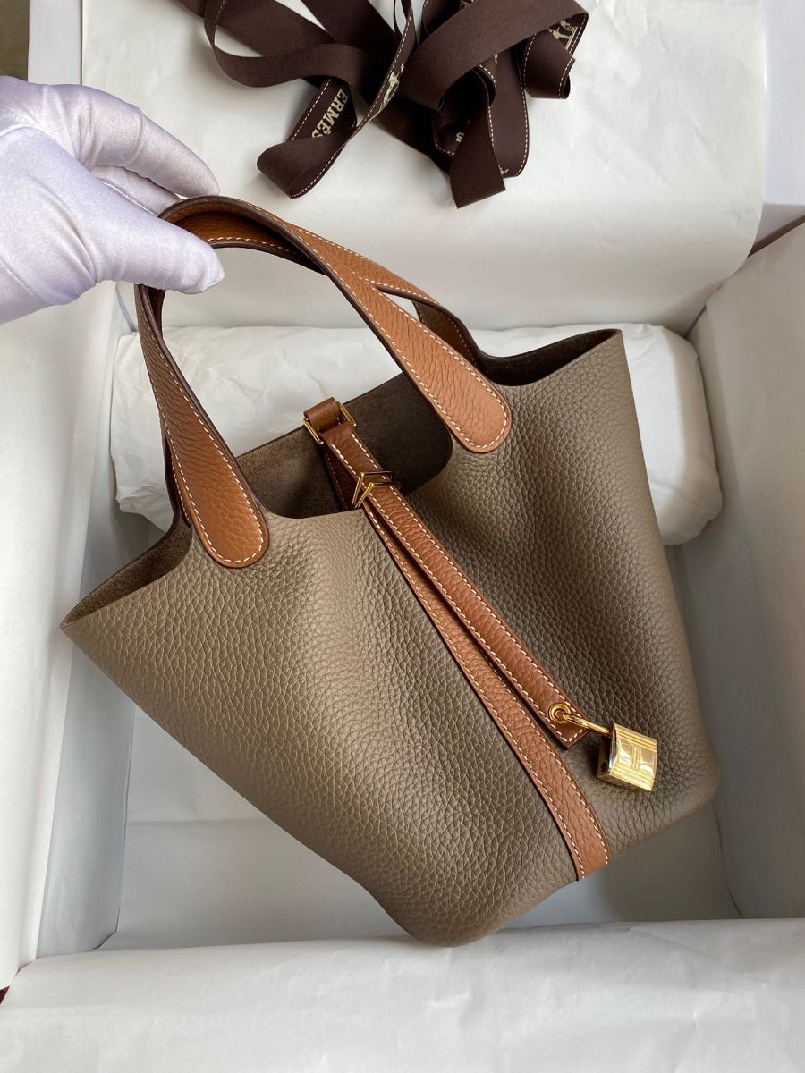 Hermes Picotin Lock 18 Bicolor Handmade Bag in Taupe and Gold Clemence Leather - Image 3