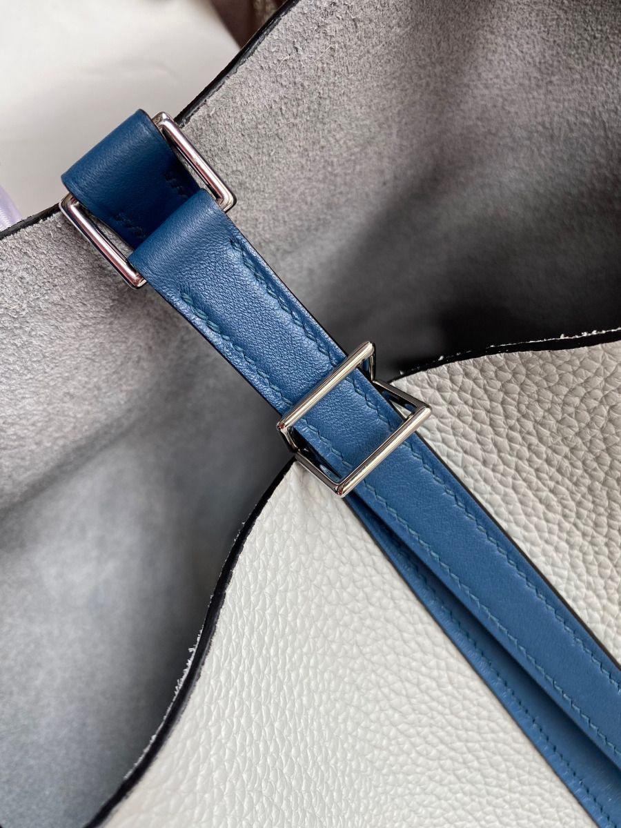Hermes Picotin Lock 22 Bicolor Handmade Bag in Gris Mouette and Blue Agate Swift Leather - Image 6