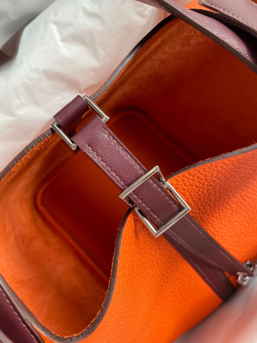 Hermes Picotin Lock 22 Bicolor Handmade Bag in Orange and Burgundy Swift Leather - Image 5