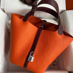 Hermes Picotin Lock 22 Bicolor Handmade Bag in Orange and Burgundy Swift Leather