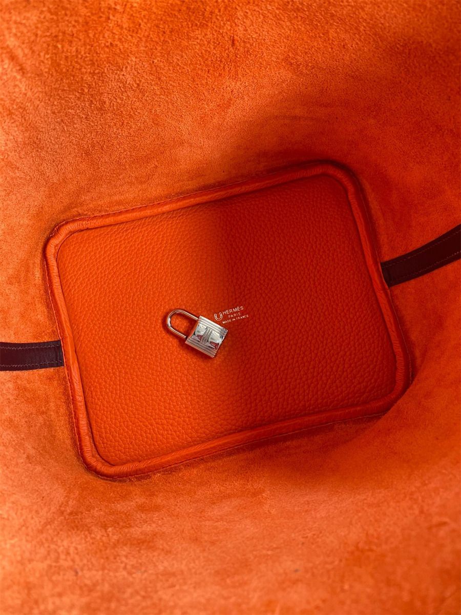 Hermes Picotin Lock 22 Bicolor Handmade Bag in Orange and Burgundy Swift Leather - Image 7