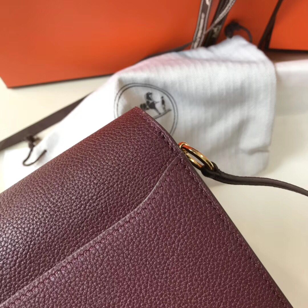 Hermes Mini Sac Roulis 18cm Bag In Burgundy Evercolor Calfskin - Image 7