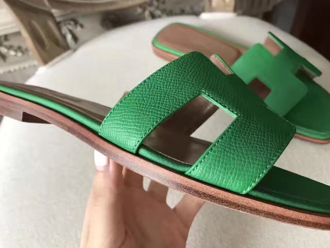 Hermes Oran Sandals In Bamboo Epsom Leather - Image 8