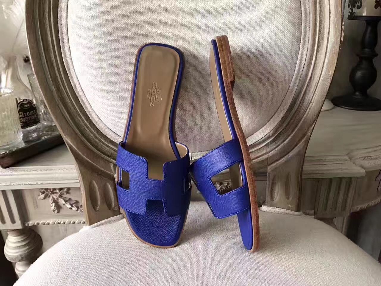 Hermes Oran Sandals In Blue Epsom Leather - Image 3
