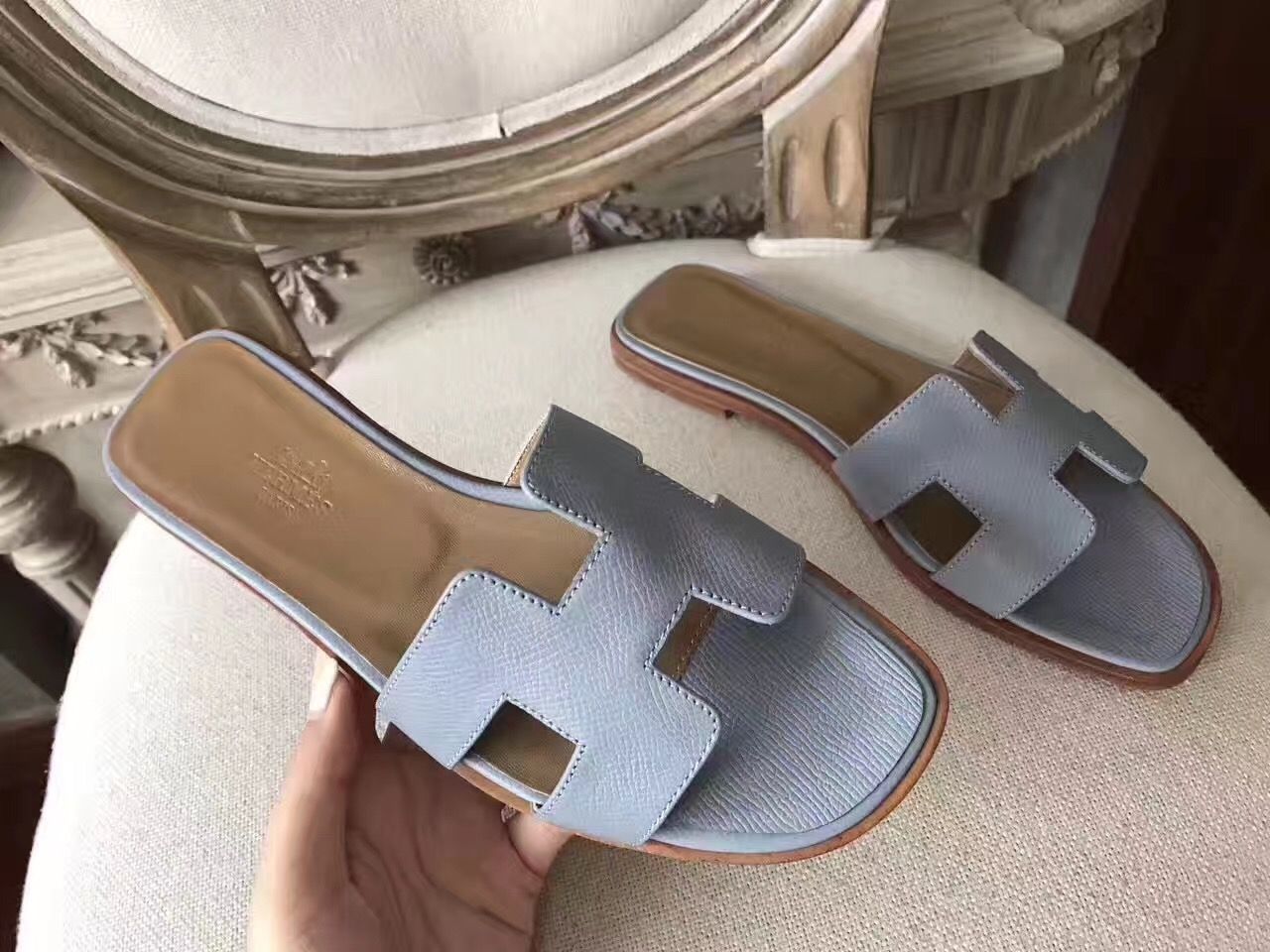 Hermes Oran Sandals In Blue Lin Epsom Leather - Image 6