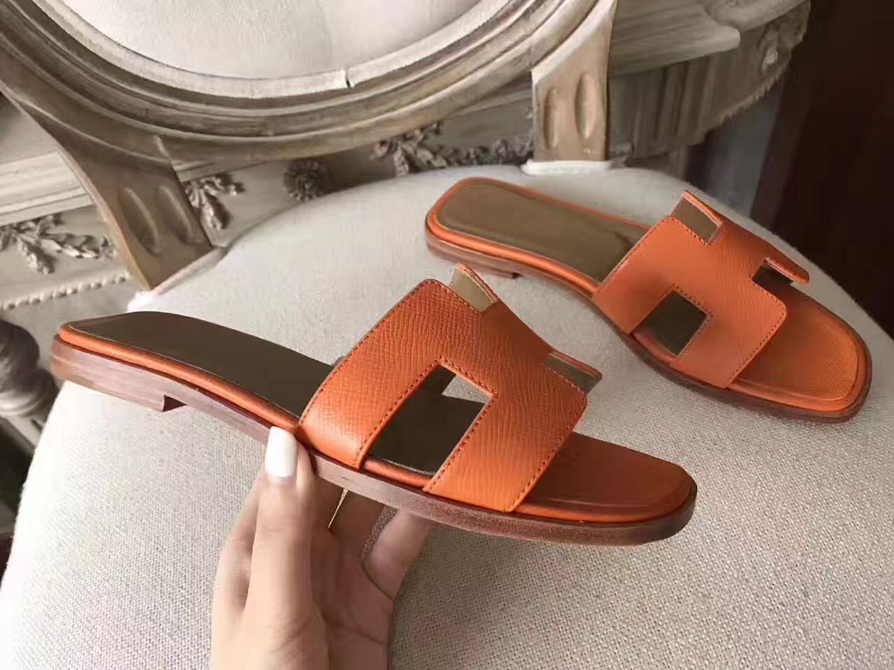 Hermes Oran Sandals In Orange Epsom Leather - Image 6
