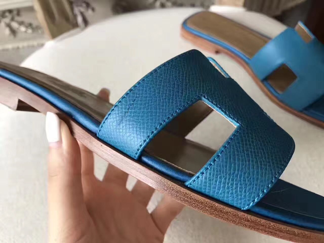 Hermes Oran Sandals In Turquoise Epsom Leather - Image 8