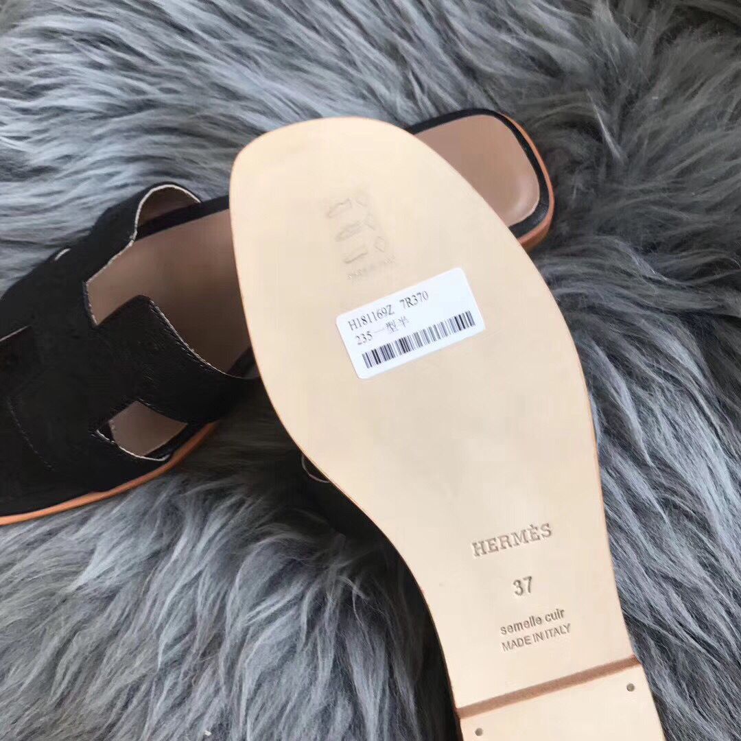 Hermes Oran Sandals In Black Ostrich Leather - Image 5