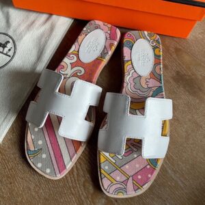 Hermes Oran Slide Sandals in White Swift Calfskin with Printed Lining