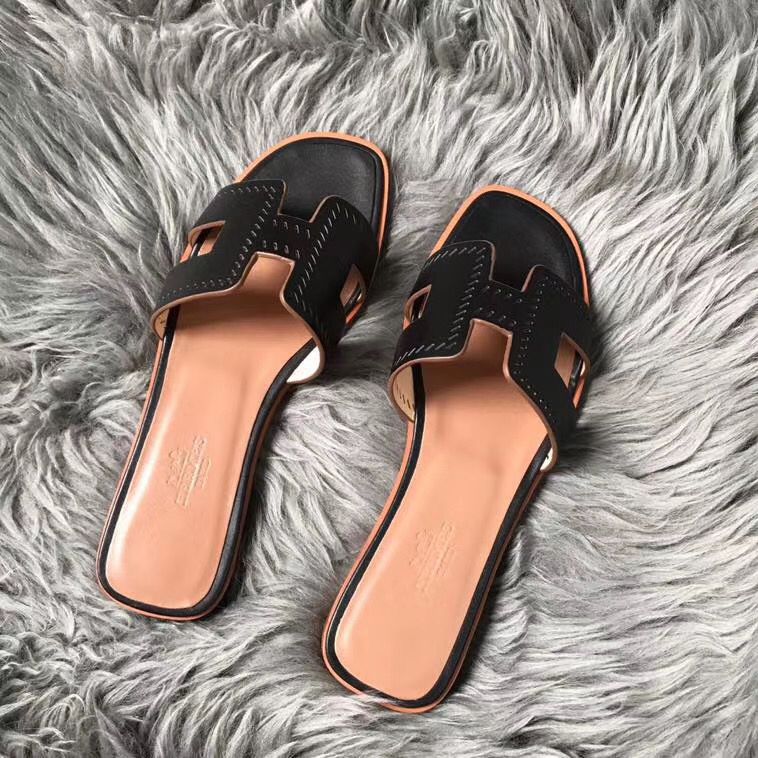 Hermes Oran Perforated Sandals In Black Swift Leather - Image 7