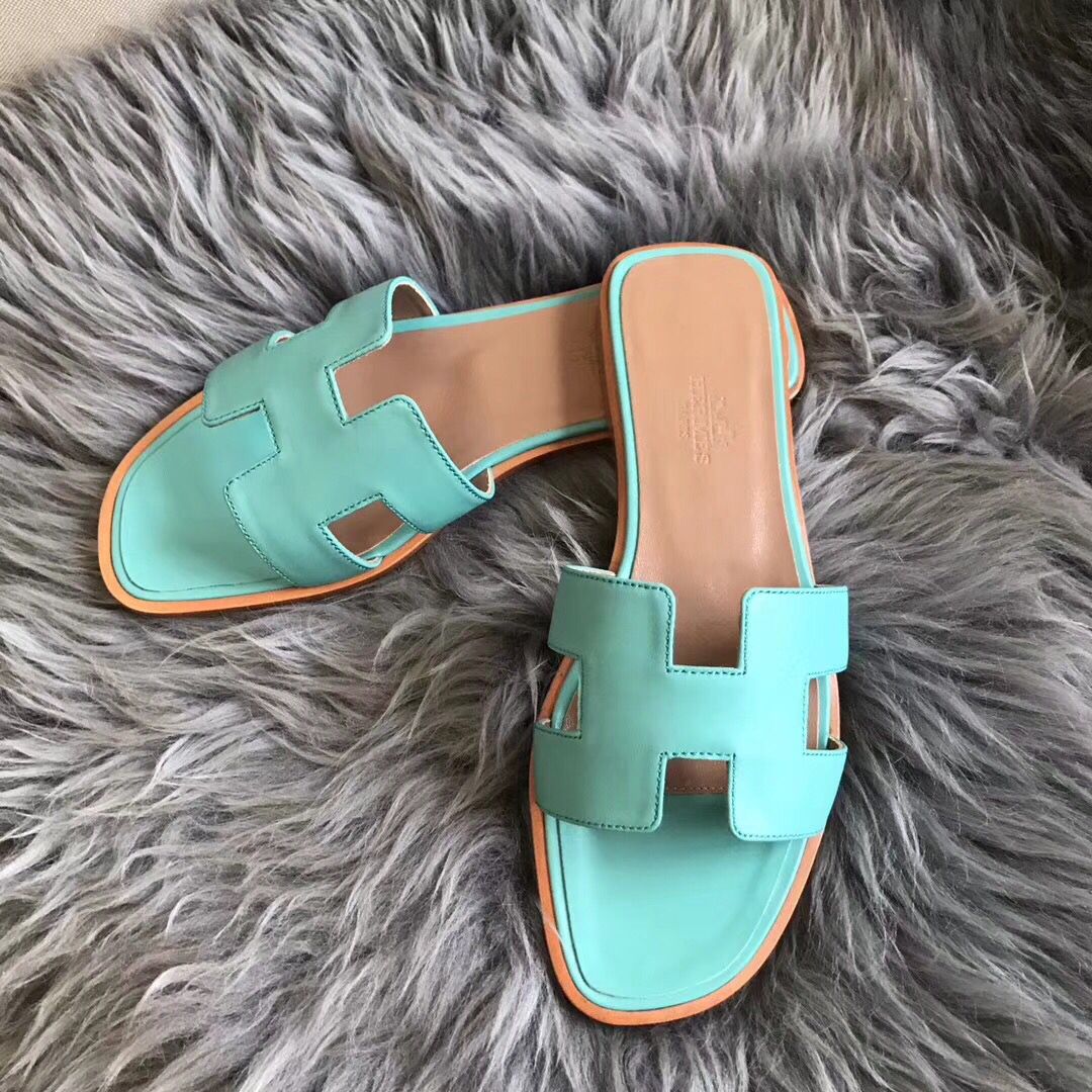 Hermes Oran Sandals In Blue Atoll Swift Leather - Image 3
