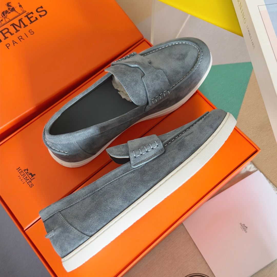 Hermes Men's Job Loafers in Blue Grignon Suede Calfskin - Image 6