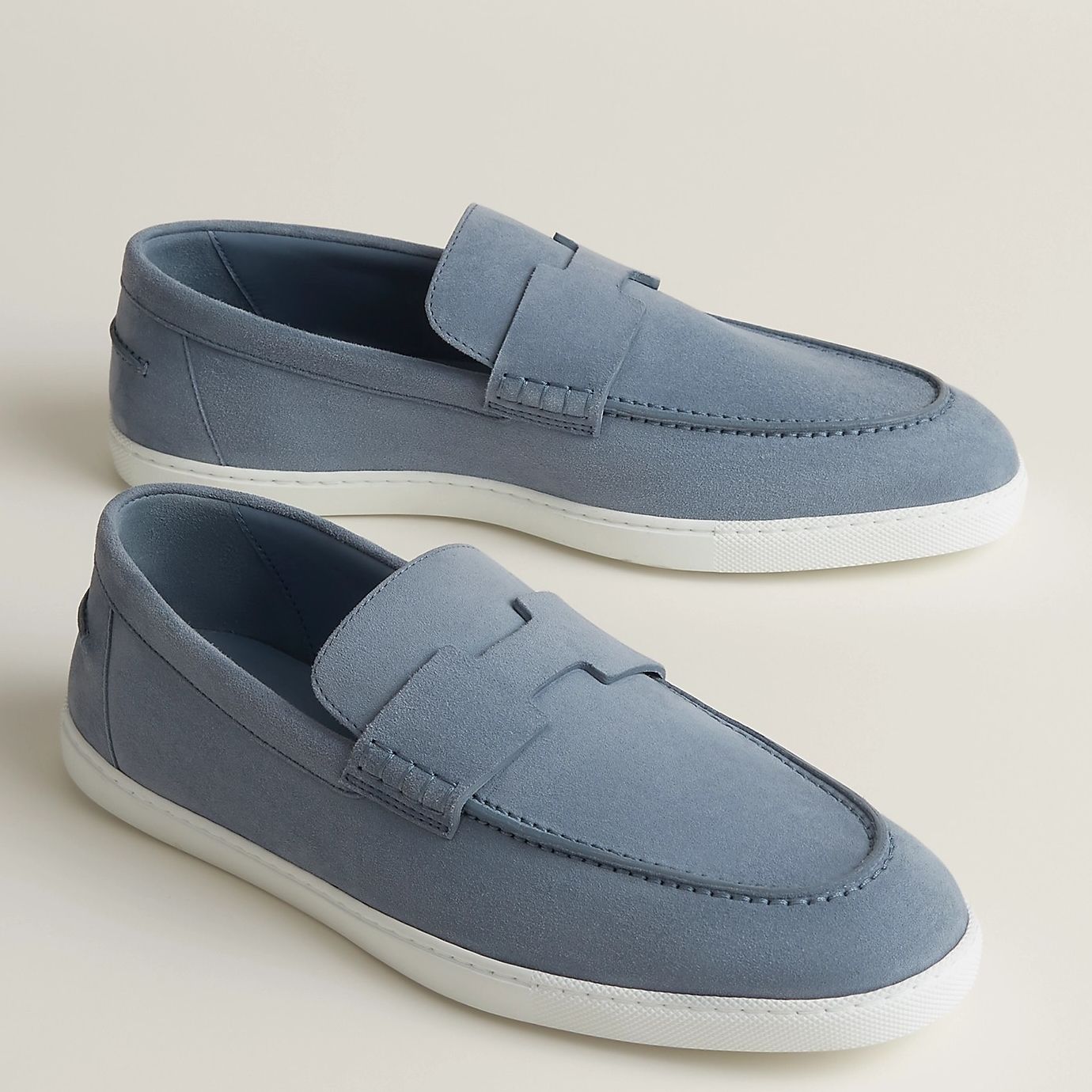 Hermes Men's Job Loafers in Blue Grignon Suede Calfskin