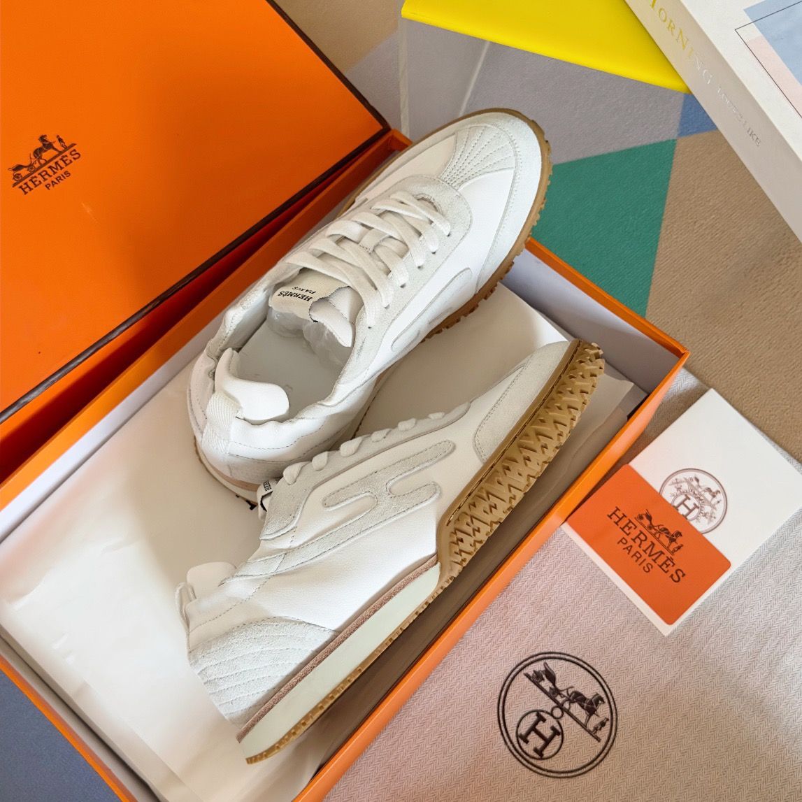 Hermes Men's Jet Sneakers in White Nappa Leather - Image 6