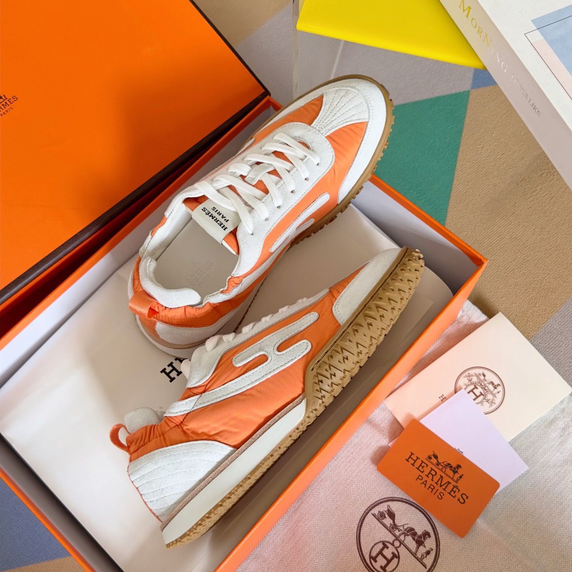 Hermes Men's Jet Sneakers in Orange Technical Canvas - Image 6