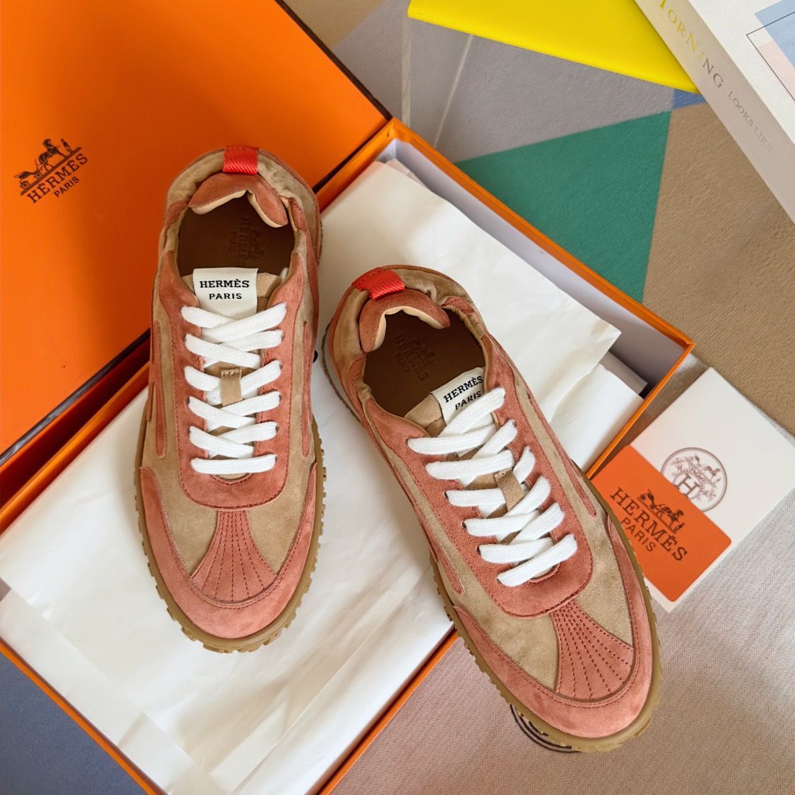 Hermes Men's Jet Sneakers in Beige/Orange Suede Leather - Image 3