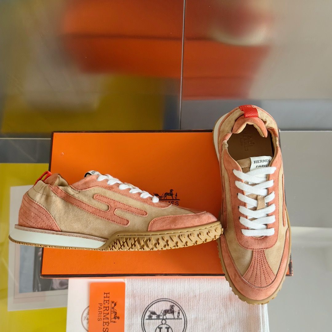 Hermes Men's Jet Sneakers in Beige/Orange Suede Leather - Image 4