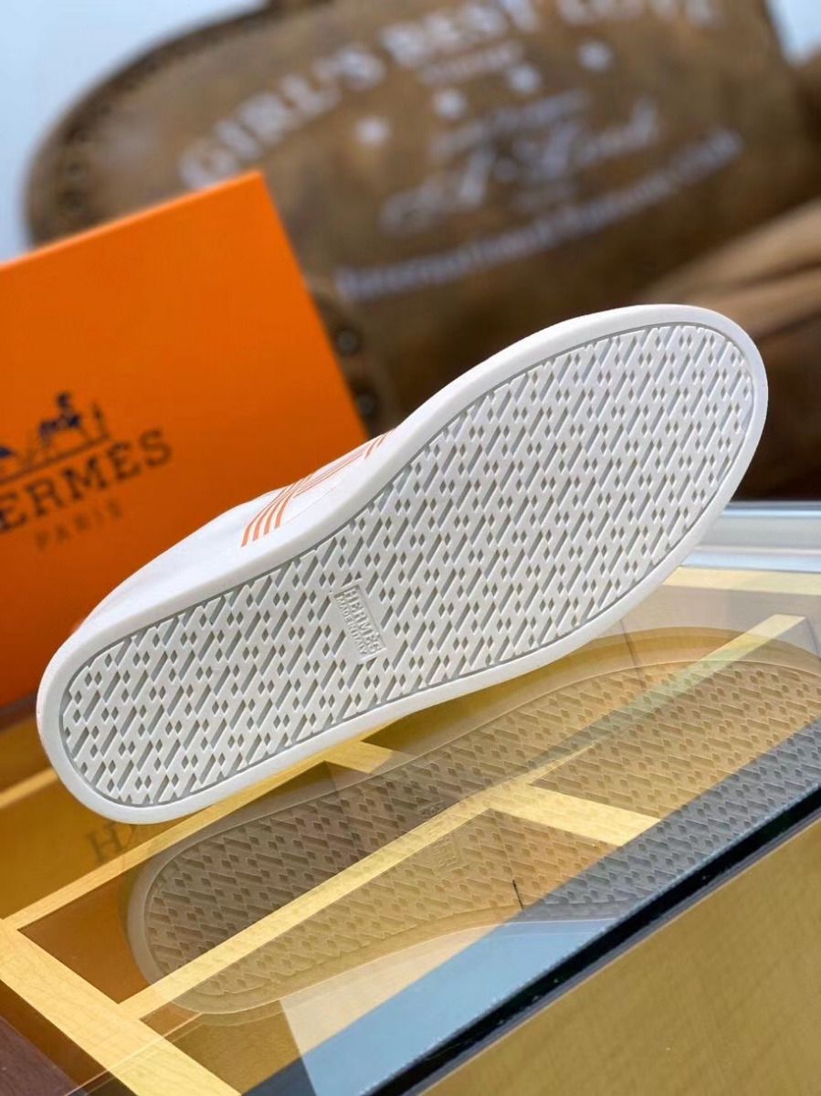 Hermes Men's Avantage Sneakers In White/Orange Calfskin - Image 9