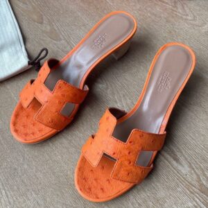 Hermes Oasis Sandals in Orange Ostrich Leather