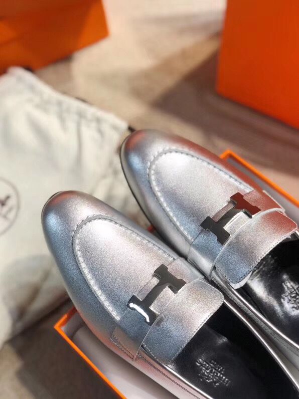 Hermes Paris Loafers In Silver Metallic Goatskin - Image 6
