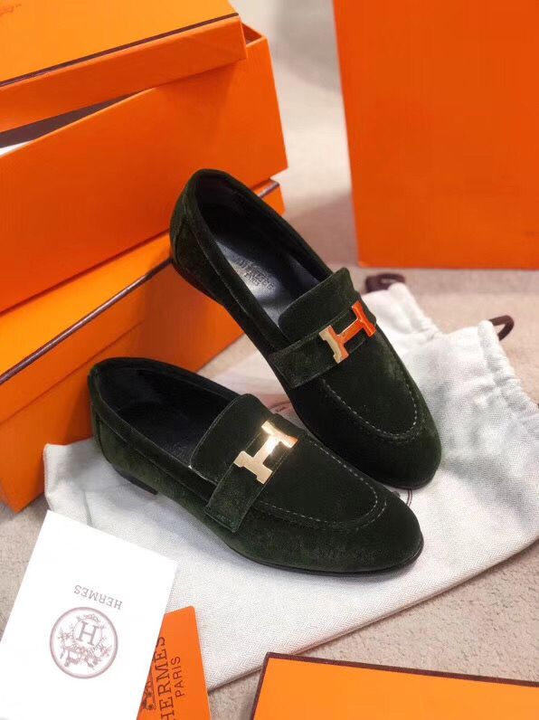 Hermes Paris Loafers In Dark Green Velvet - Image 6