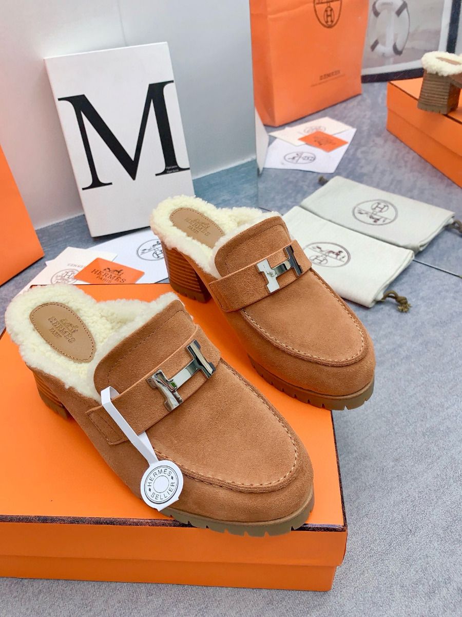 Hermes Flore 60 Mules in Brown Suede with Shearling - Image 7
