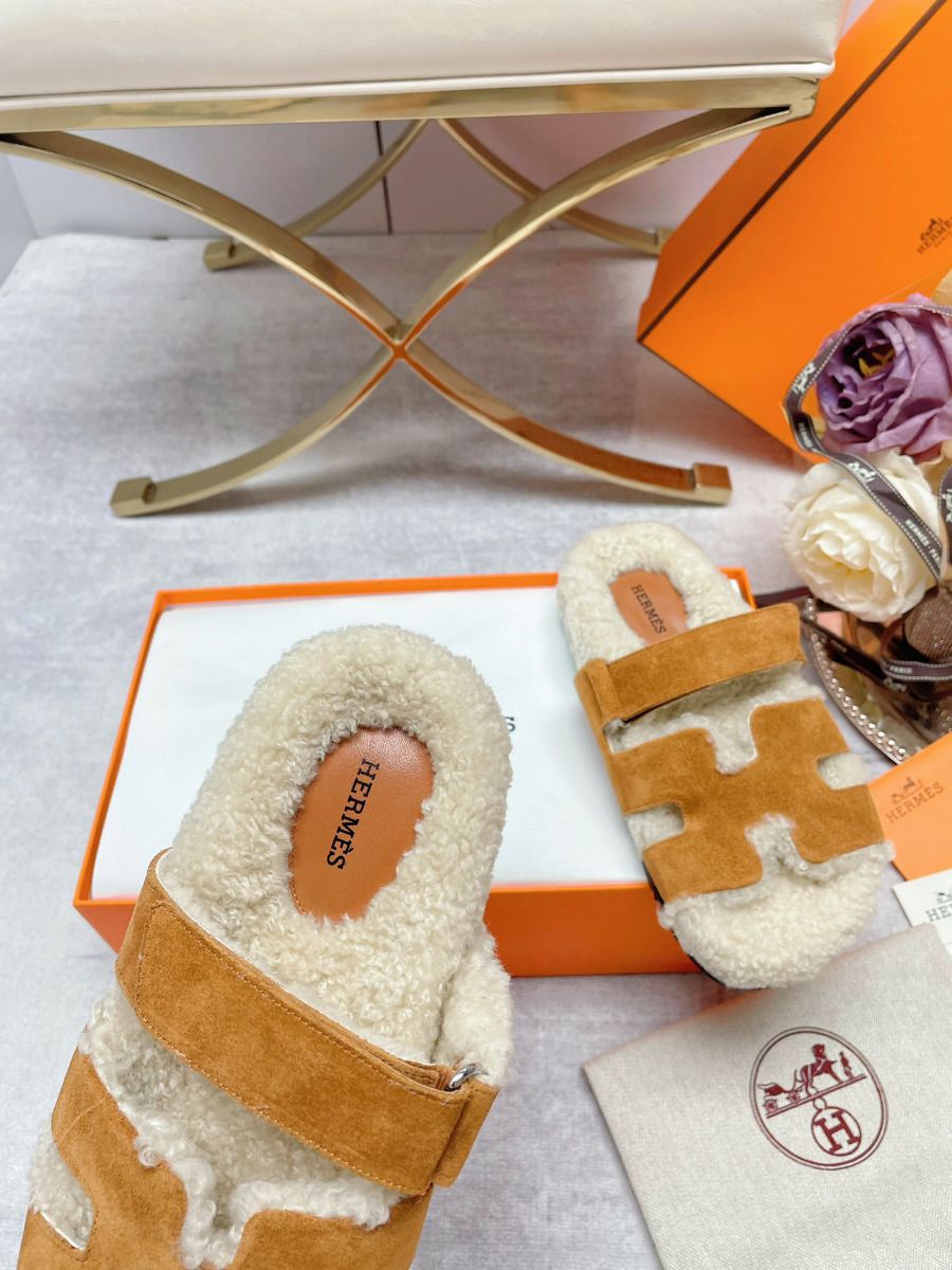 Hermes Women's Chypre Sandals in Tan Suede with Shearling - Image 8
