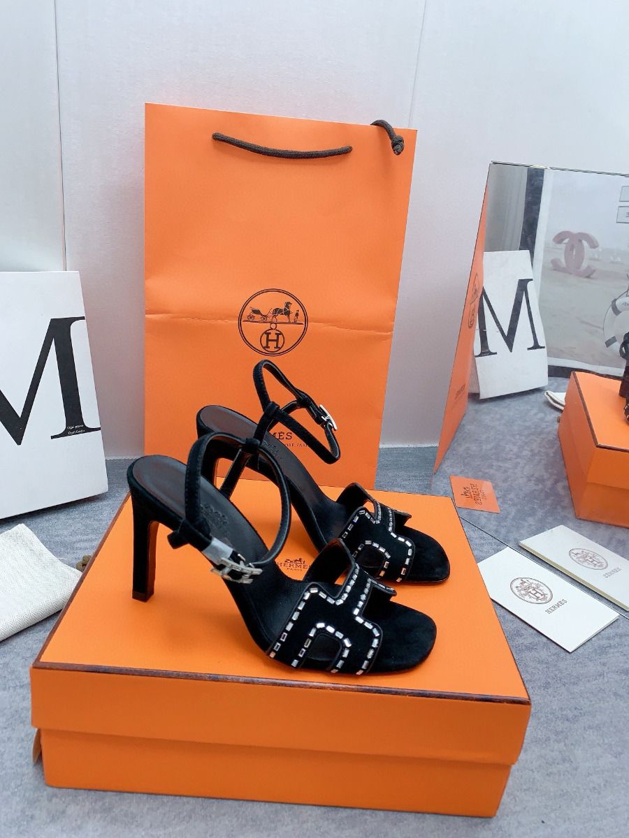 Hermes Heden 80 Sandals in Black Suede Leather with Rhinestone - Image 3