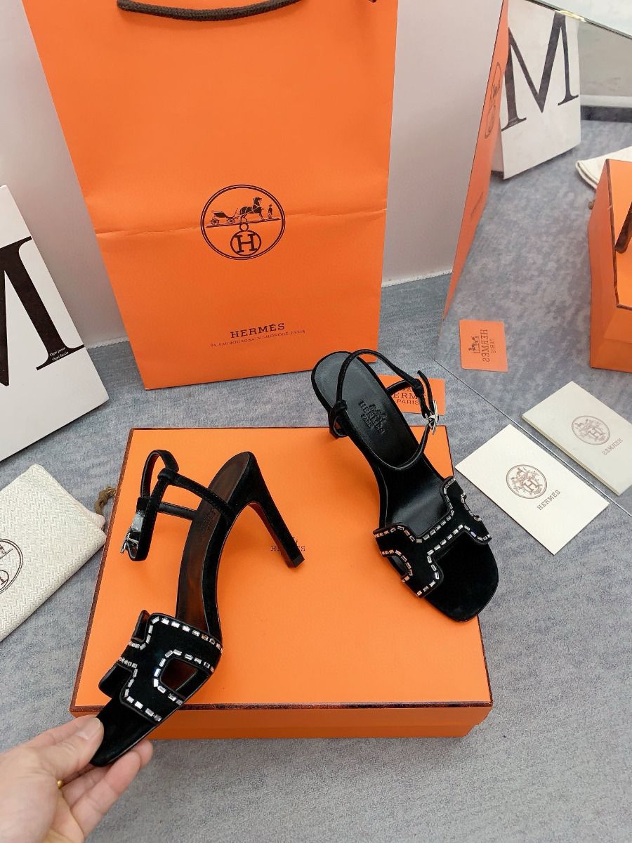 Hermes Heden 80 Sandals in Black Suede Leather with Rhinestone - Image 5