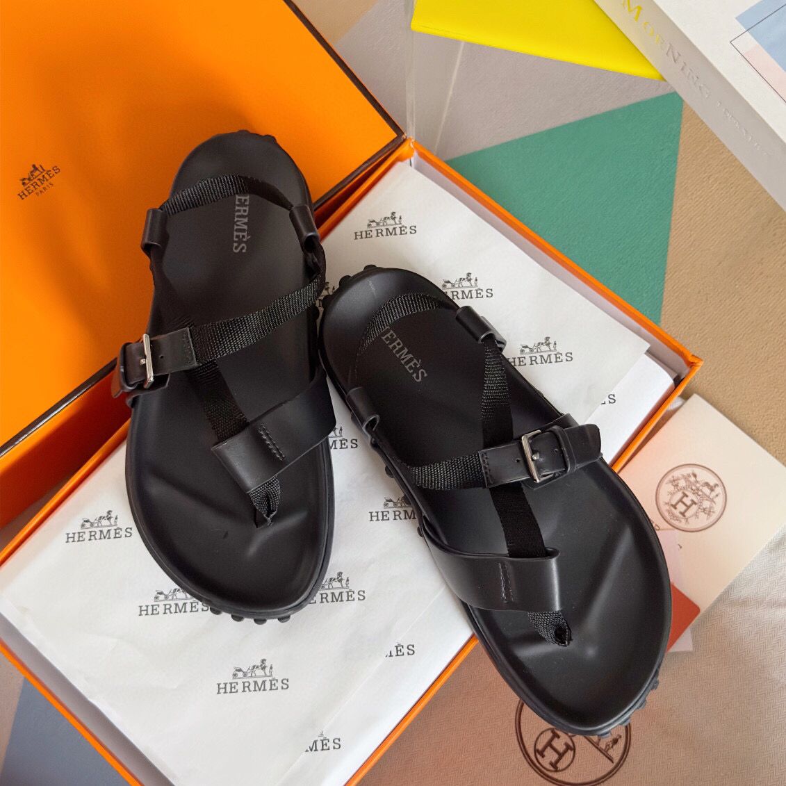 Hermes Inboard Sandals in Black Leather and Ribbon - Image 3