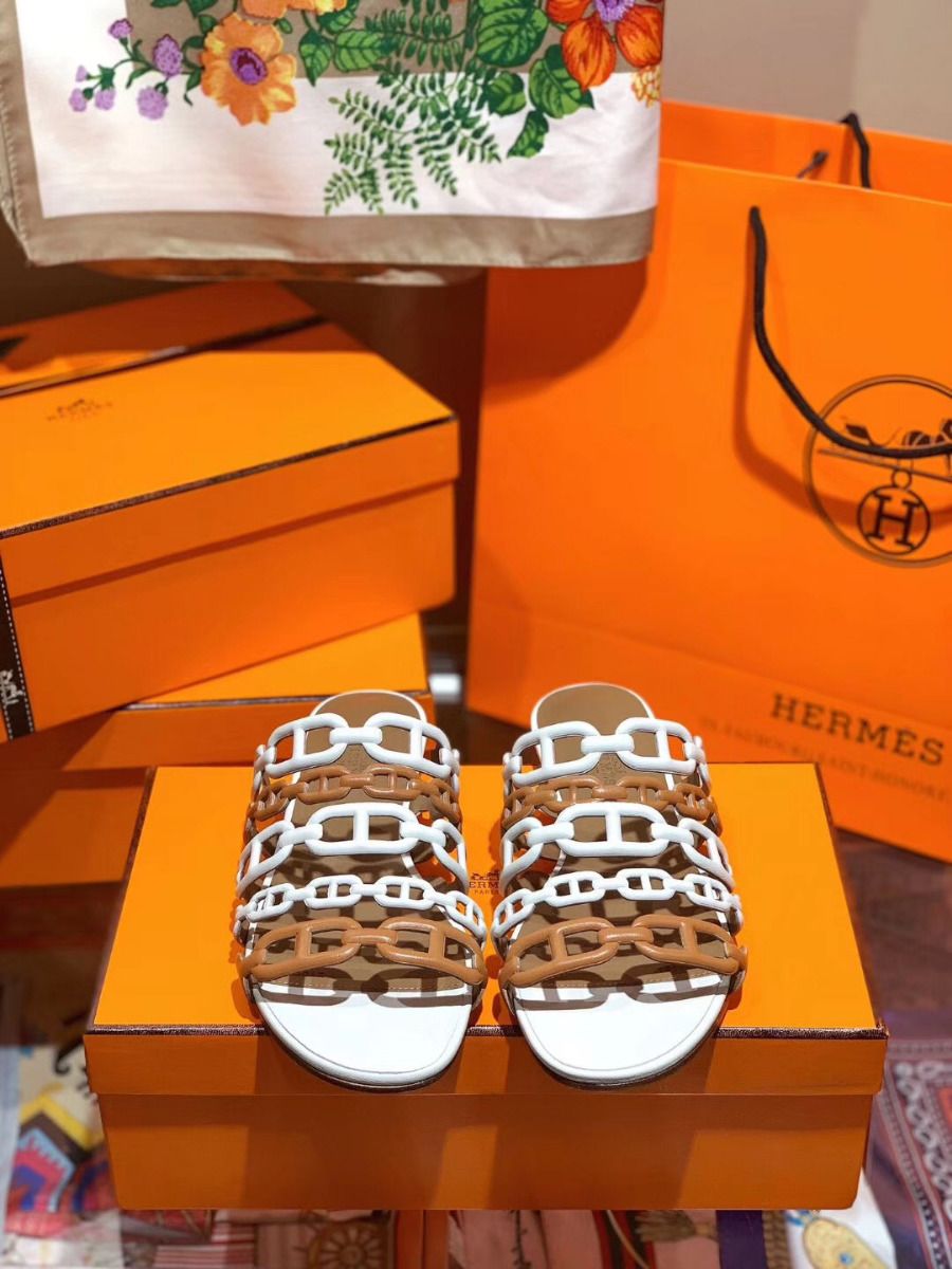 Hermes Thalassa Sandals In Brown/White Lambskin - Image 7