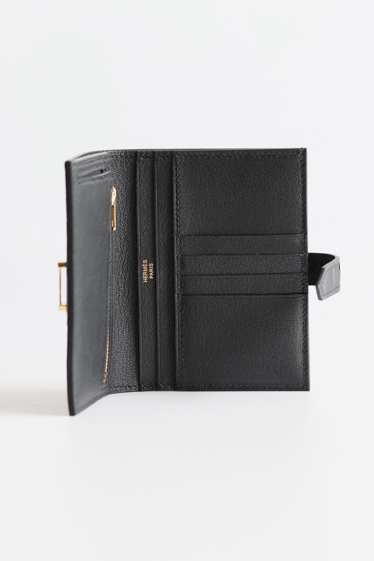 Hermes Bearn Compact Handmade Wallet in Black Ostrich Leather - Image 7